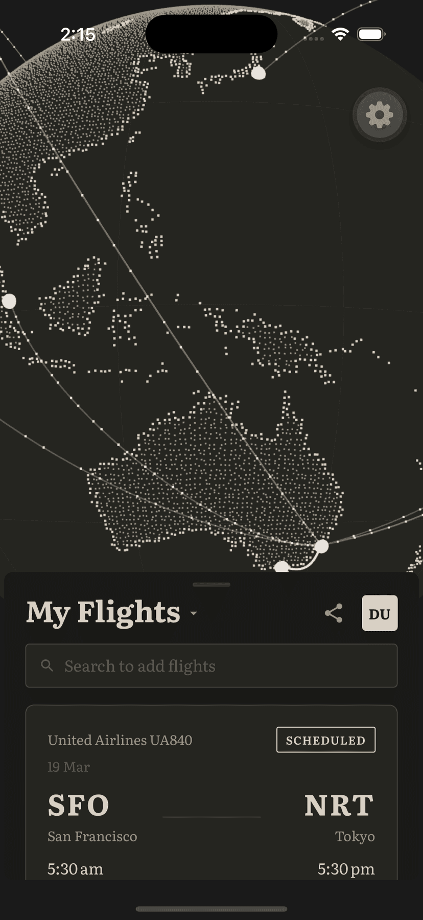 Par Avion flight tracking app showing globe view with flights